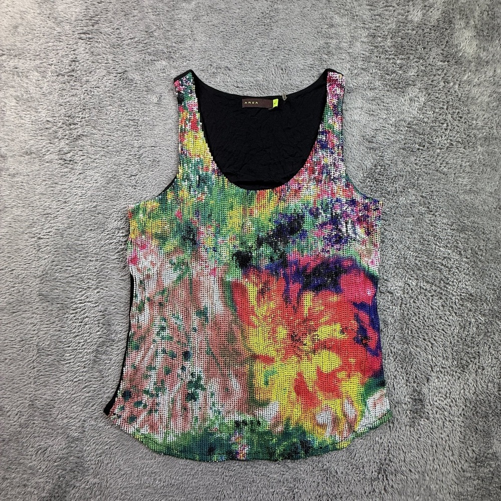 AREA Womens M Rainbow Sequin Tank Top Floral Colorful Y2K Festival Party
